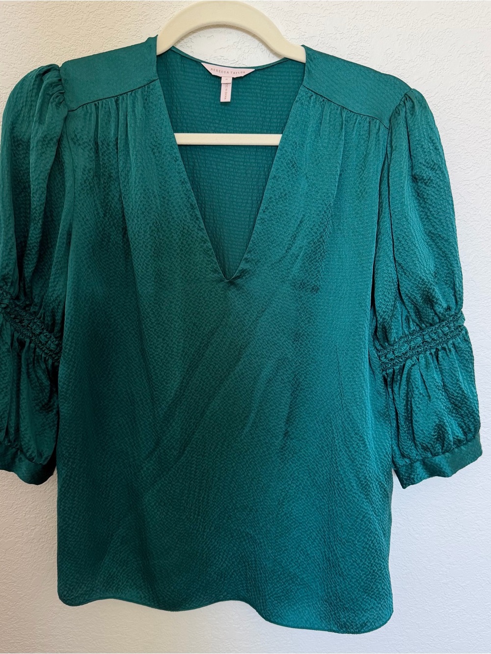 Rebecca Taylor hammered Silk Teal Puff-Sleeve V-Neck Blouse